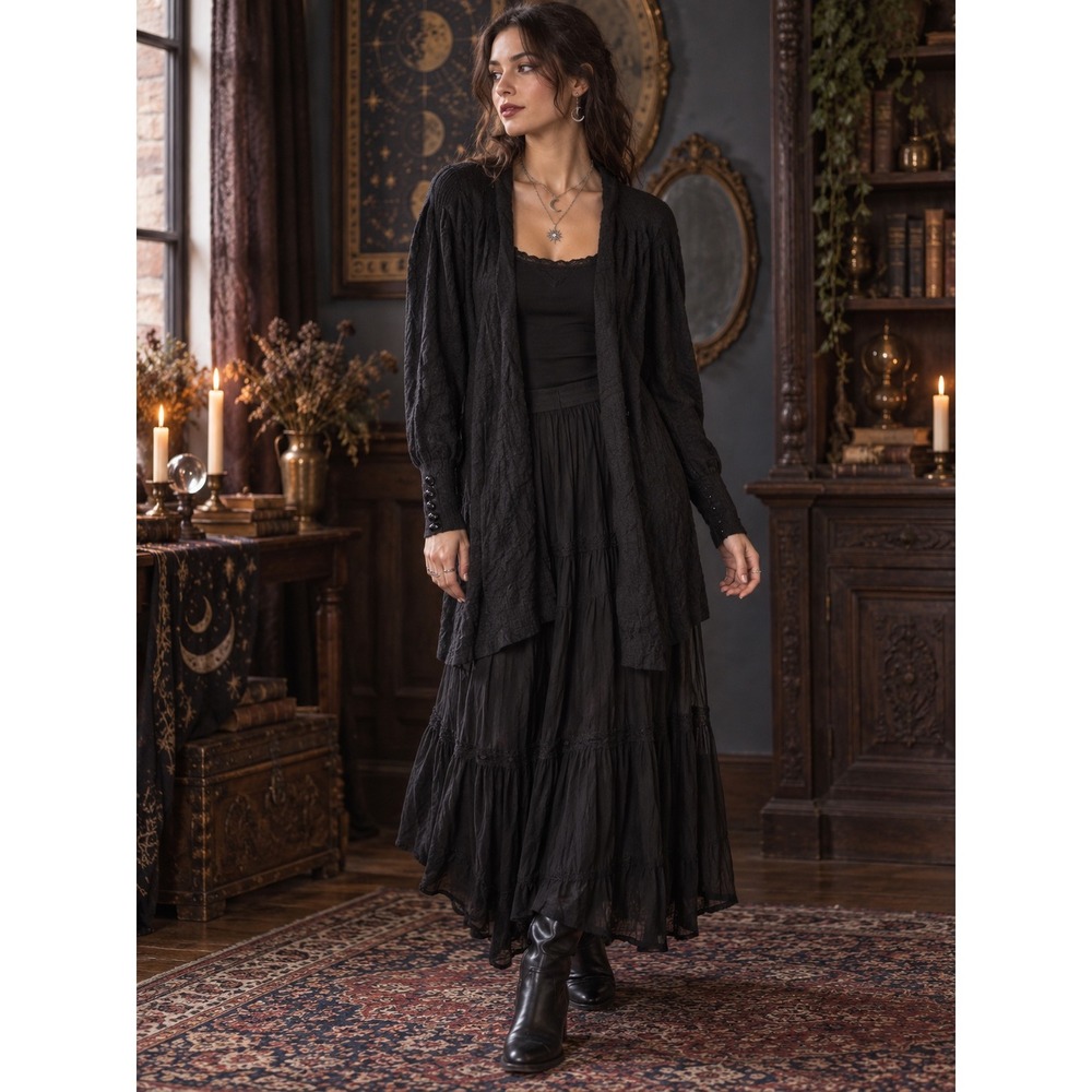 ICHI Cardigan Women XS Black Alpaca Blend Open Front Knit Pockets Whimsigoth